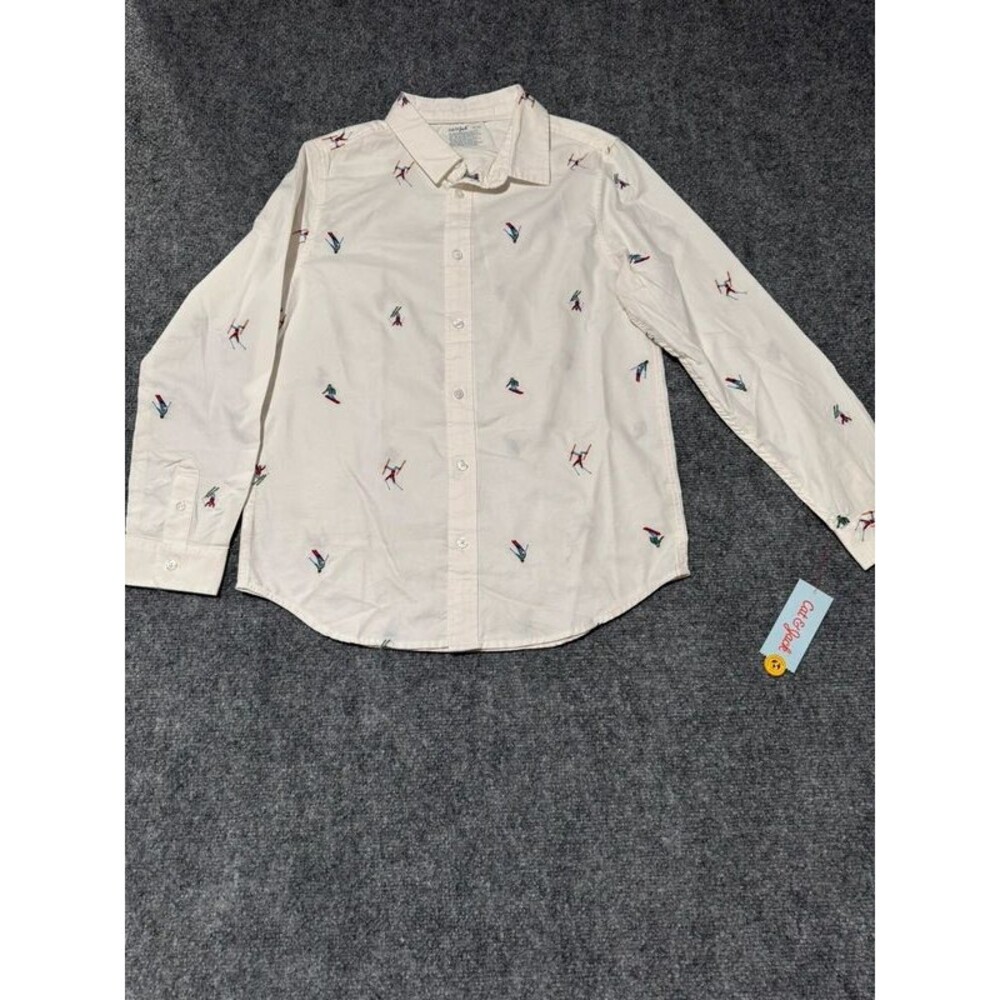 Cat & Jack Boys White Button Down Shirt Colorful Ski Print Long Sleeve XL 14